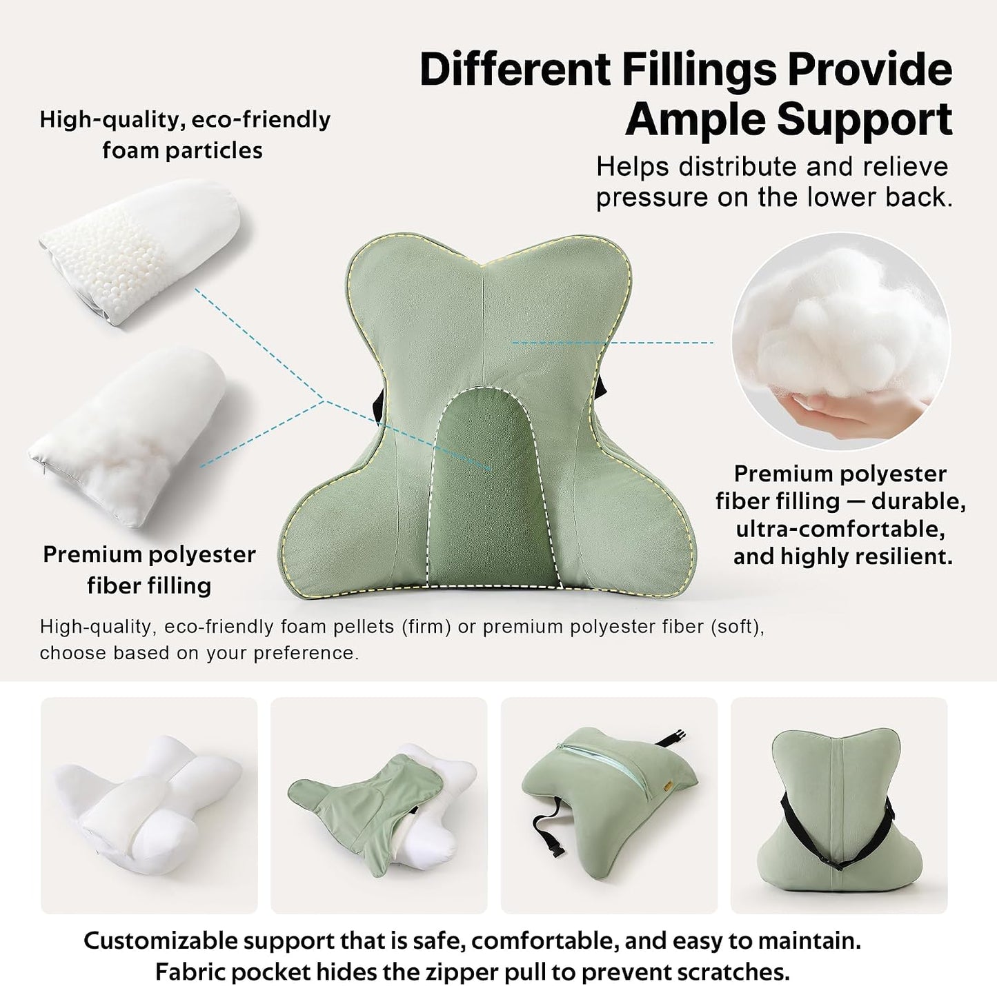 Lumbar Support Pillow(Pat. Pend) – Multi-Functional Ergonomic Back Cushion for Sofa Chair, Car Seat & Sofa, Reading Pillow with Firm Multi-Zone Support to Relieve Lower Back Pain, Misty White