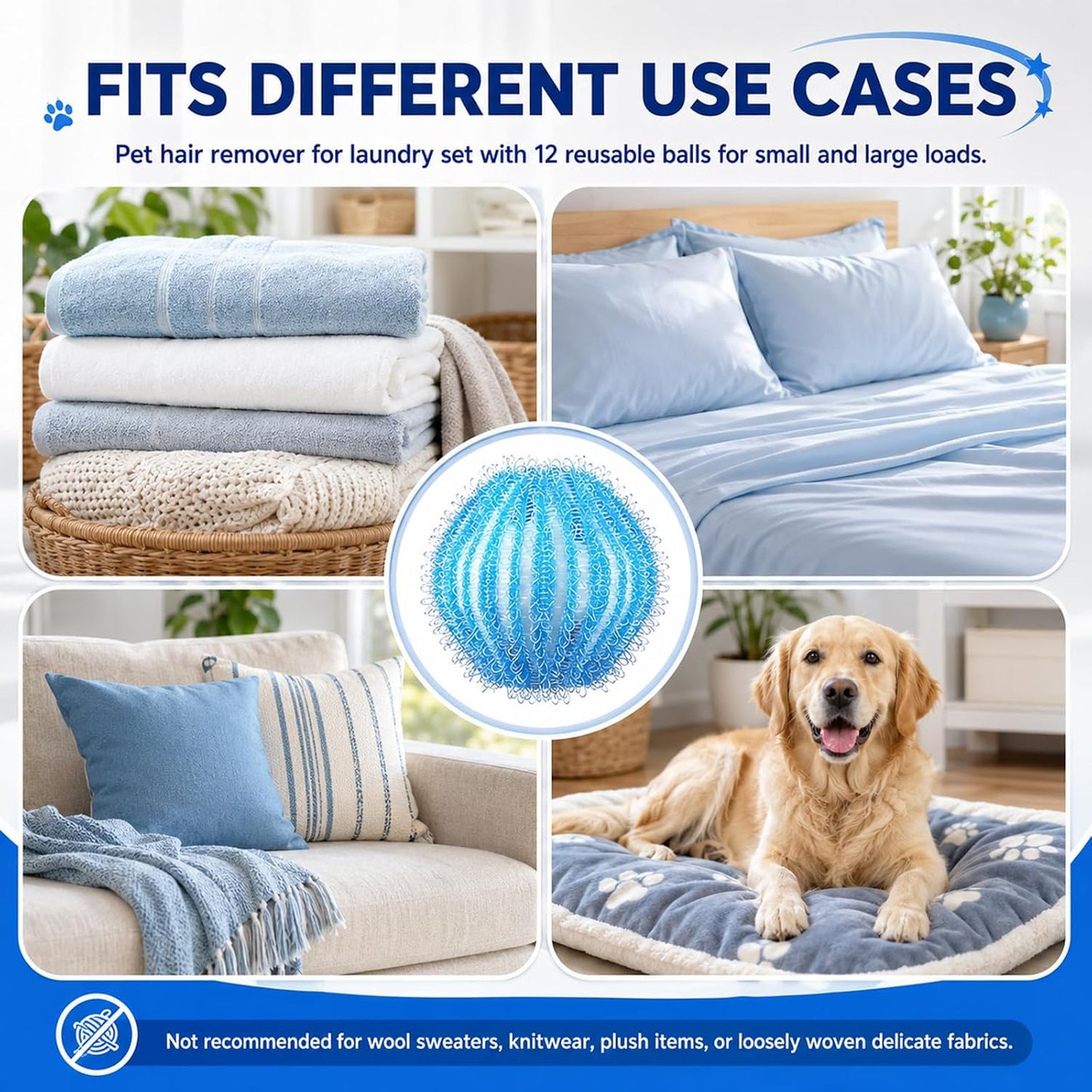12Pcs Pet Hair Remover for Laundry, Washing Machine Hair Collector & Pet Hair Removal Tool, Reusable Dog & Cat Hair Catcher for Clothes, Bedding & Blankets