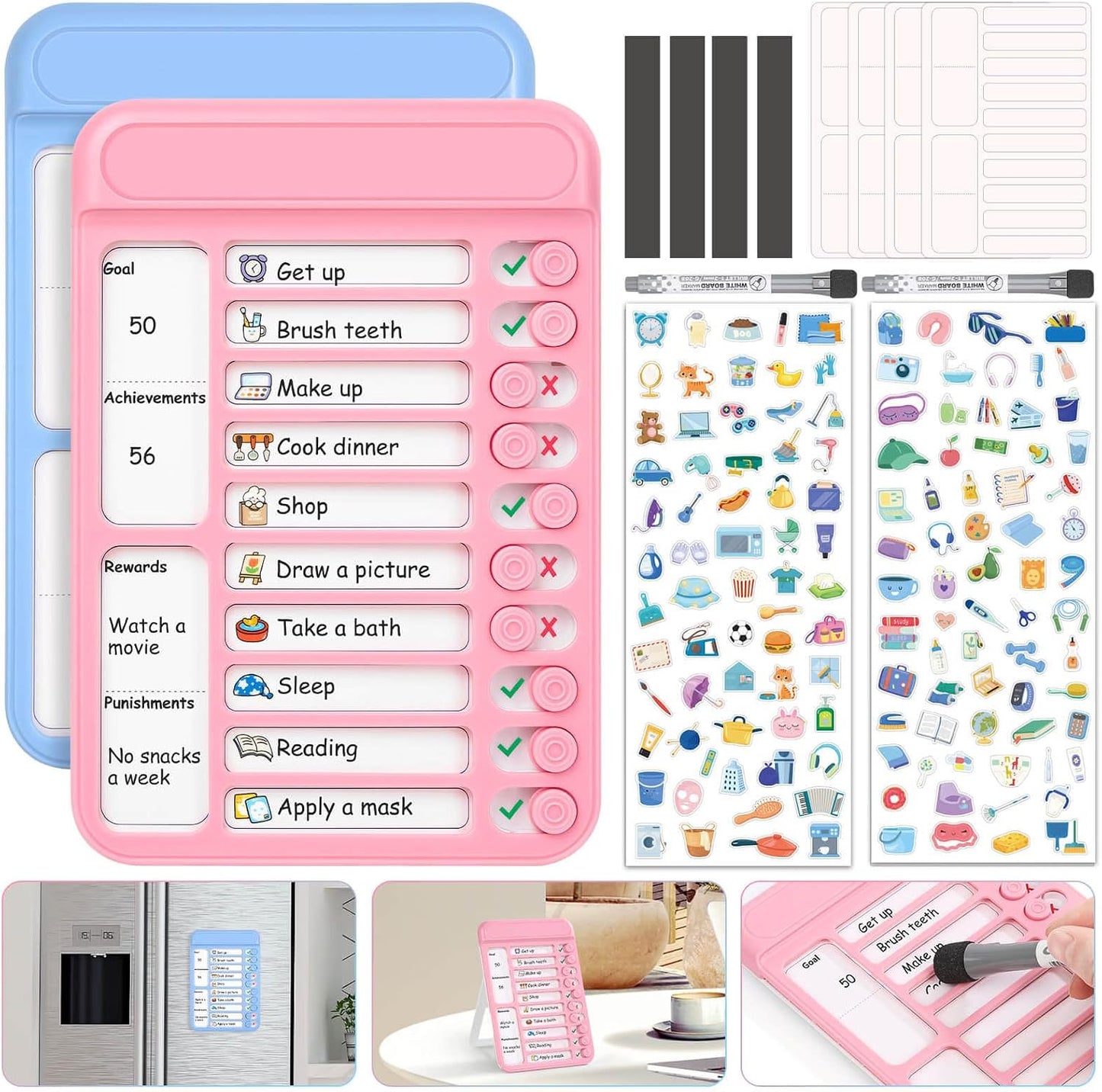 Audab 2Pcs Dry Erase Chore Chart for Kids, Magnetic Checklist Board, My Chores Slider Chart to Do List Board, Routine Chart Schedule Board Task Tracker for Home Refrigerator, Wall, Desk (Blue & Pink)