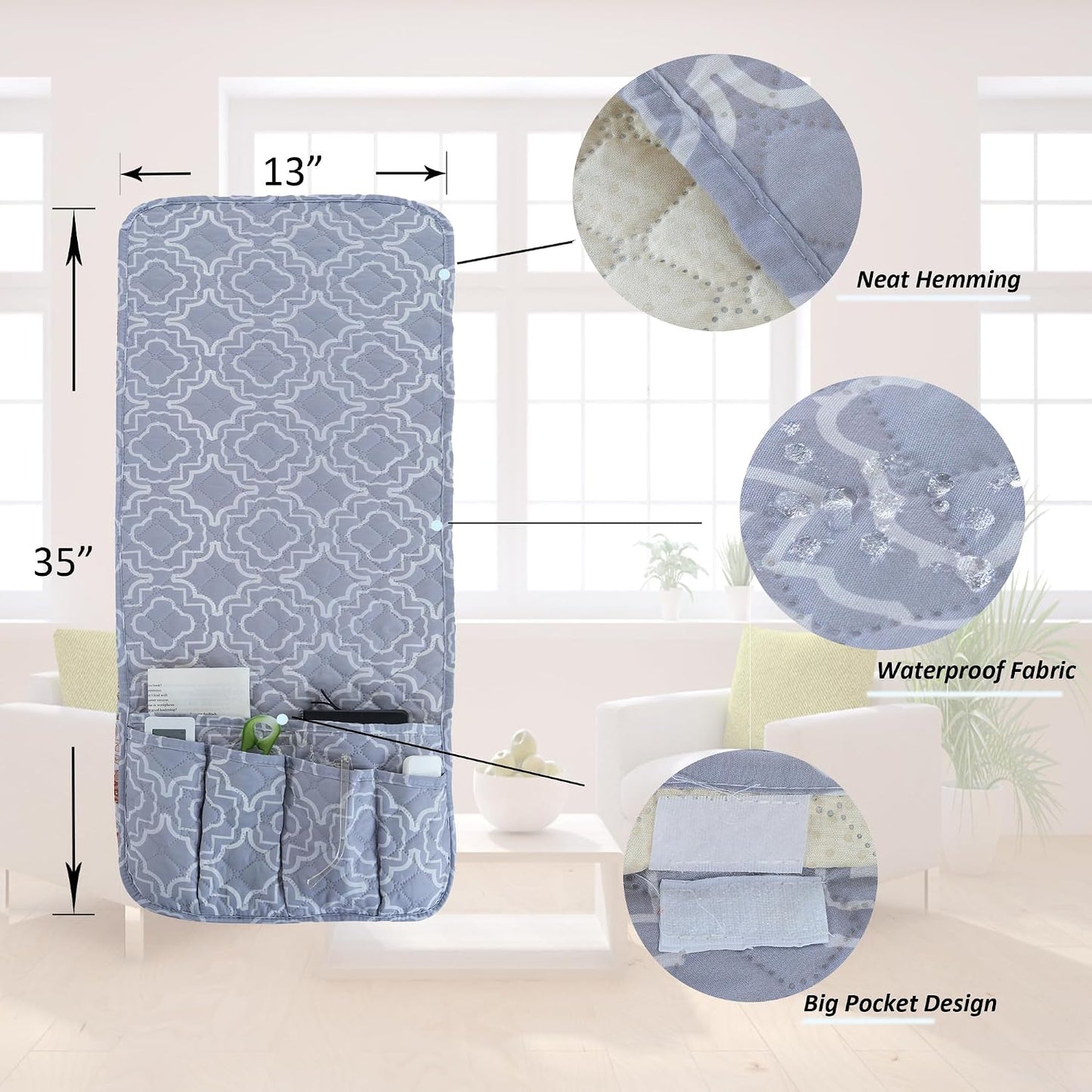 Armchair Caddy for Couch Remote Control Holder with 4 Pockets, Grey 1 Pack | Non-slip, Waterproof, Sofa Armset Organizer, Couch Chair Armrest Storage for TV Remote Control Phone Book Magazine 35"x13"