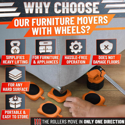 660 lb Furniture Movers with Wheels for Heavy Items (Red) | Heavy Duty Furniture Lifter Tool with 4 Sliders & 13" Lever for Hardwood, Tile & Laminate; Move Sofas, Beds & Refrigerators