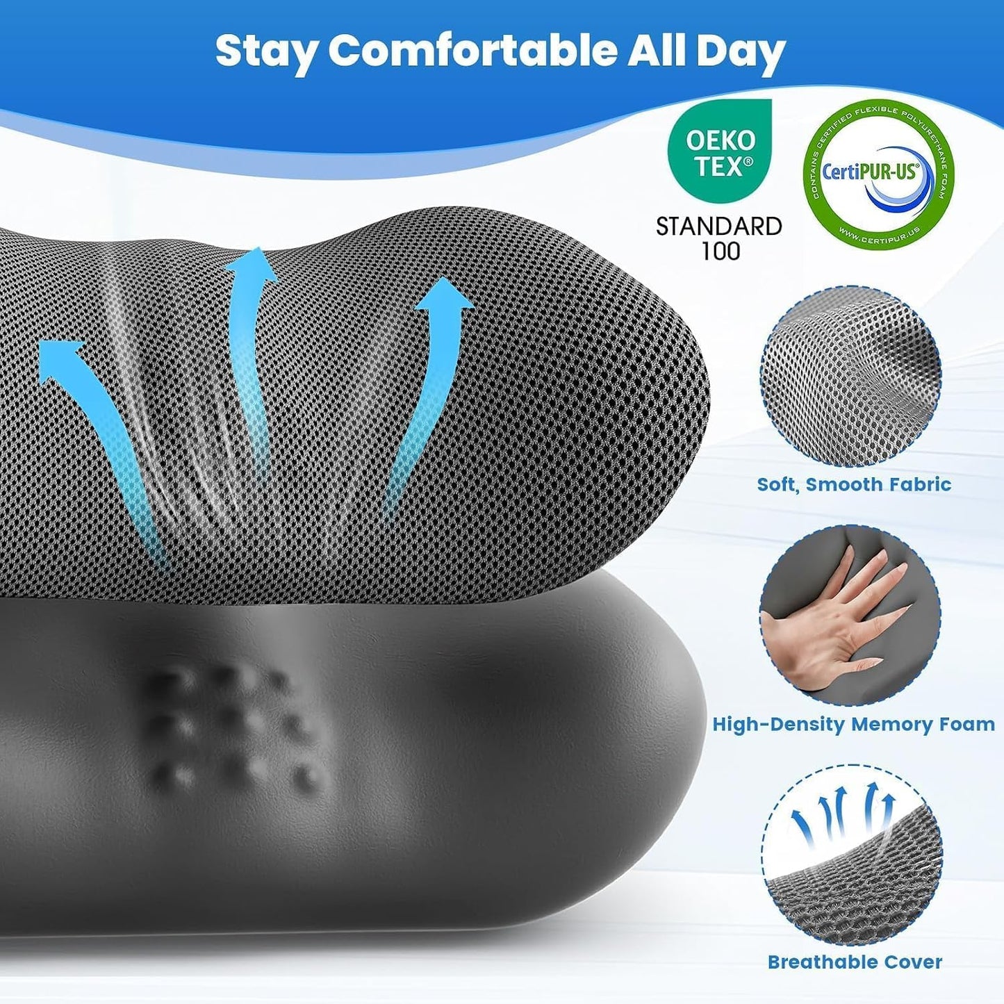 Lumbar Support Pillow, Memory Foam Back Cushion for Office Chair Car, Black | Ergonomic Lower Back Support with Adjustable Strap, Breathable Removable Cover for Couch, Wheelchair and Daily Comfort
