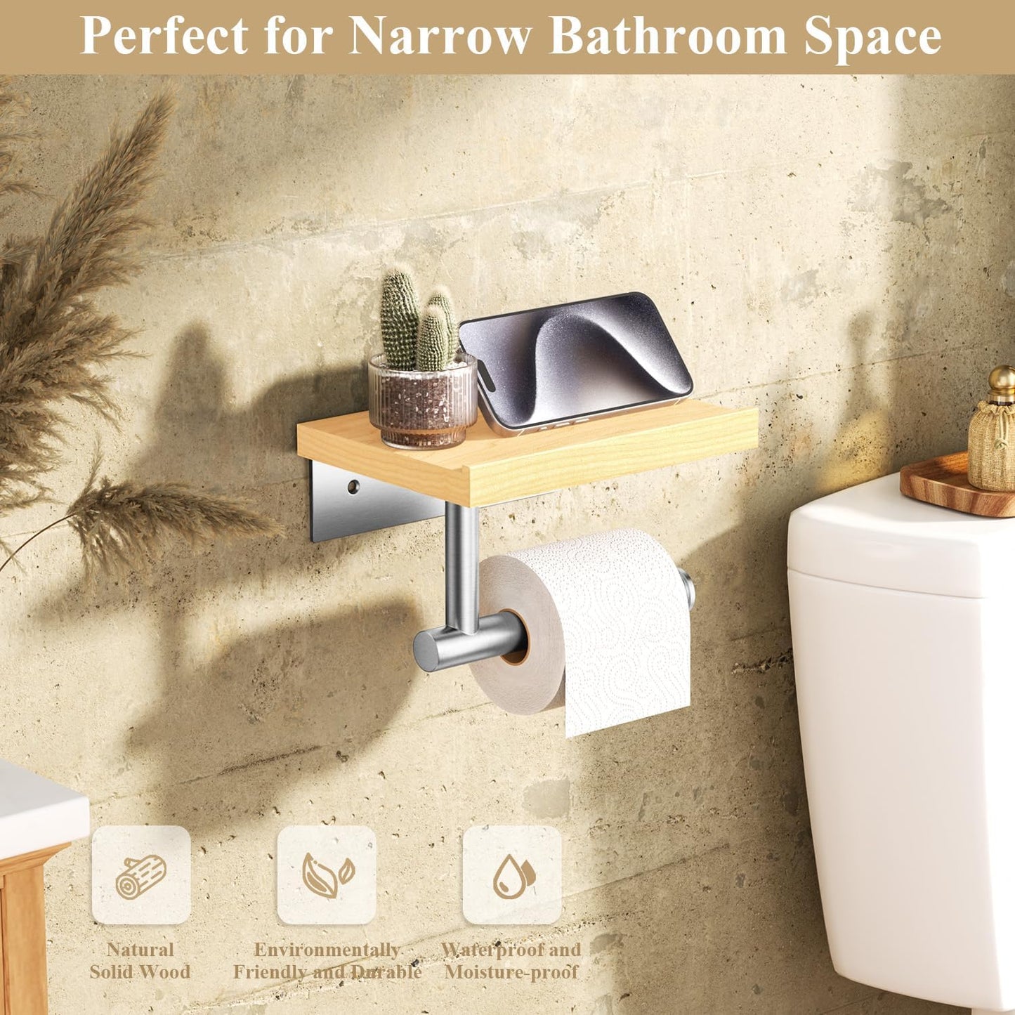 Tindbea Toilet Paper Holder with Wood Shelf, Wooden Wall Mount Tissue Paper Roll Holder, Matte Black Stainless Steel Bathroom Accessories Decor Household Home Apartment Restroom Essentials (Walnut)