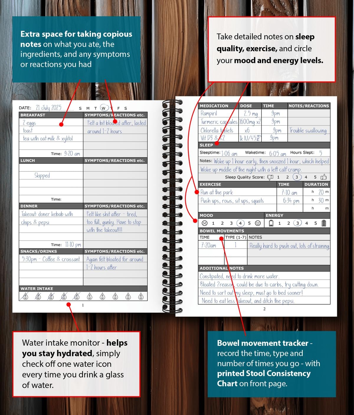 Food Diary and Symptom Log - Track How Your Diet Affects Your Symptoms | for IBS, Allergies, Intolerance, Crohn’s/IBD | A5 (5.8” x 8.3”) Spiral Bound