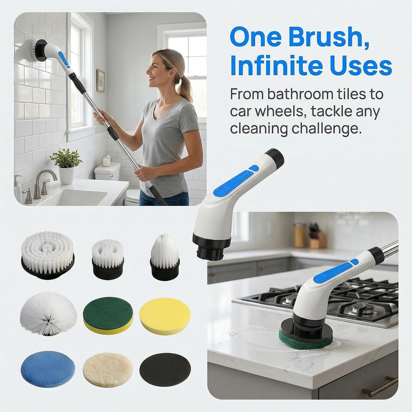 Electric Spin Scrubber - Ditch the Scrubbing! Long Handle Shower Scrubber with 9 Replaceable Heads & 2 Speed Cordless Brush in Modern White!