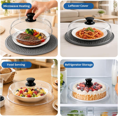 Glass Microwave Cover for Food, Tall Microwave Splatter Cover with Silicone Mat, Vent Holes, BPA Free, Dishwasher Safe, 10 Inch, High Borosilicate Glass Plate Lid with Side Tabs