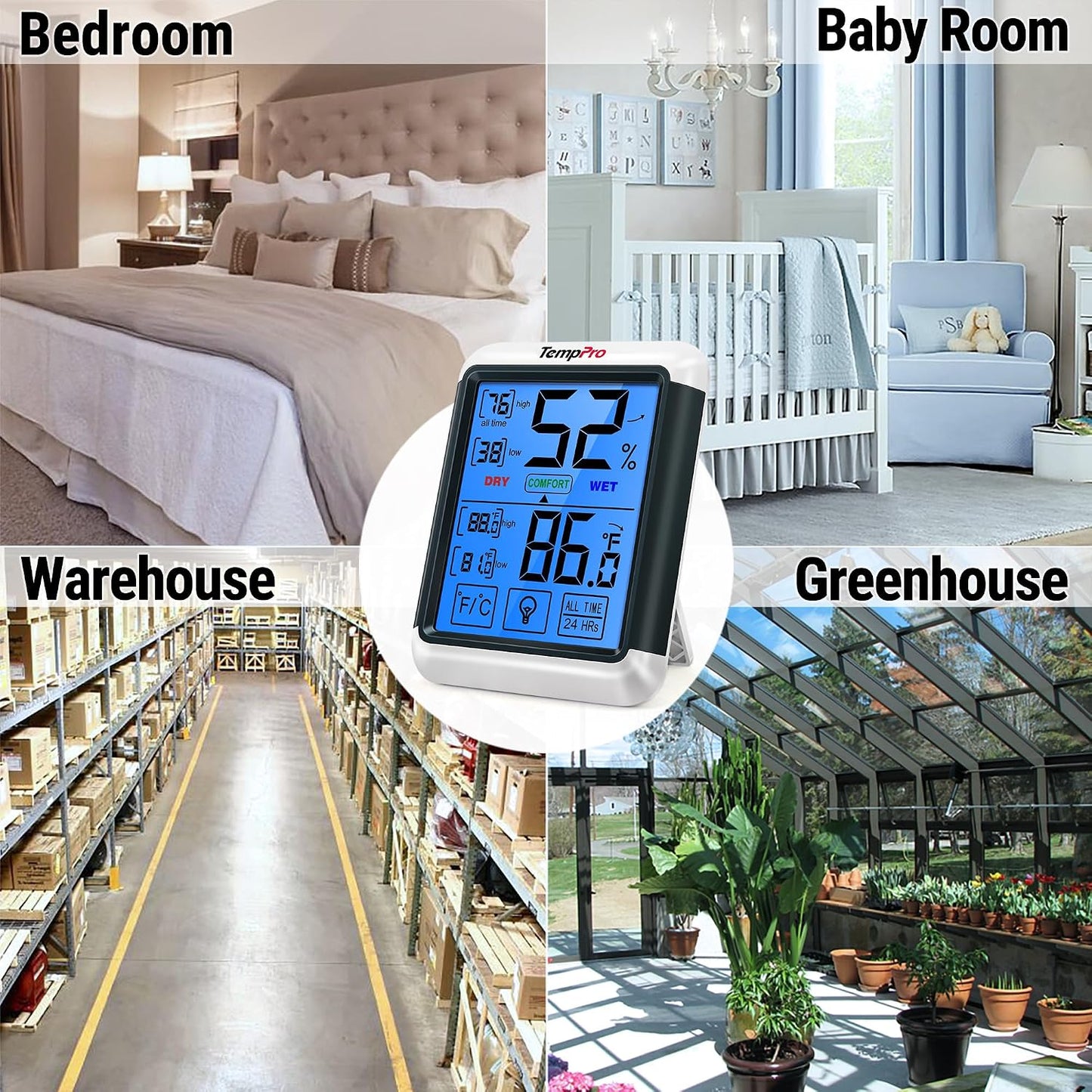 TempPro TempAir Digital Indoor Hygrometer Thermometer with Touchscreen | 4-Inch Temperature/Humidity Monitor with Backlit, Room Thermometer/Humidity Meter for House Home Greenhouse