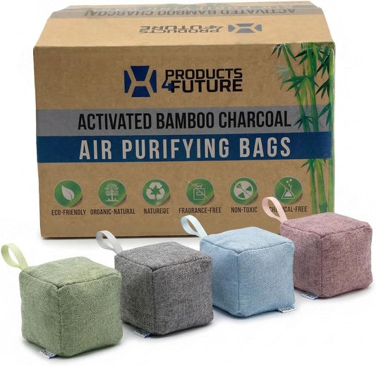 4 pack Naturally Activated Bamboo Charcoal Air Purifying Bags | Natural Home Deodorizer Bag | Charcoal Bag Odor Absorber For Pets | Odor Eliminator & Moisture Absorber Air Freshener Bag (200g Pyramid)