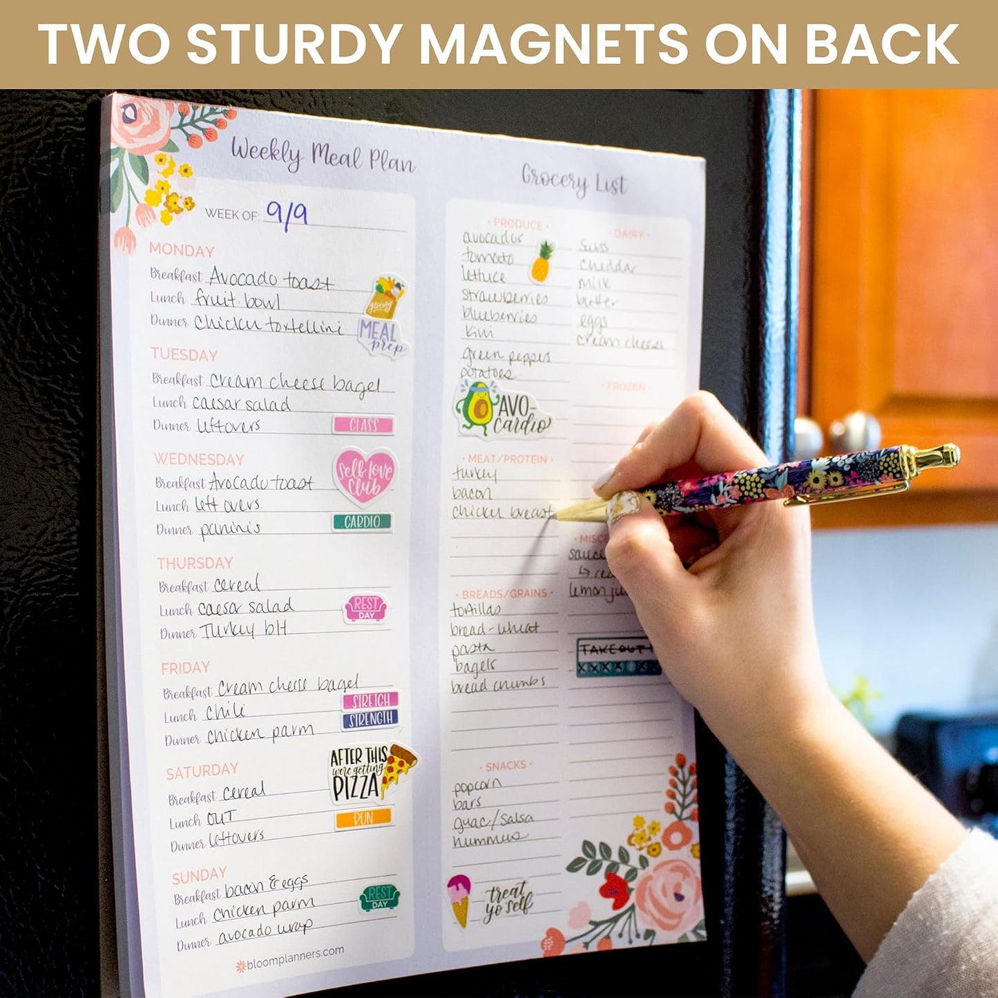 bloom daily planners Horizontal Weekly Magnetic Meal Planning Pad for Fridge with Tear-Off Grocery Shopping List - Hanging Food/Menu Organizer Notepad with Magnets - 8.5” x 11” - Lemons
