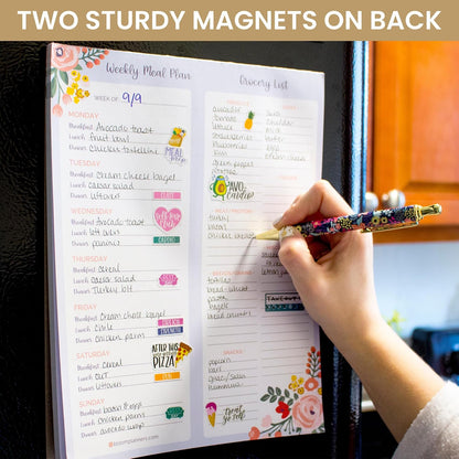 bloom daily planners Horizontal Weekly Magnetic Meal Planning Pad for Fridge with Tear-Off Grocery Shopping List - Hanging Food/Menu Organizer Notepad with Magnets - 8.5” x 11” - Lemons