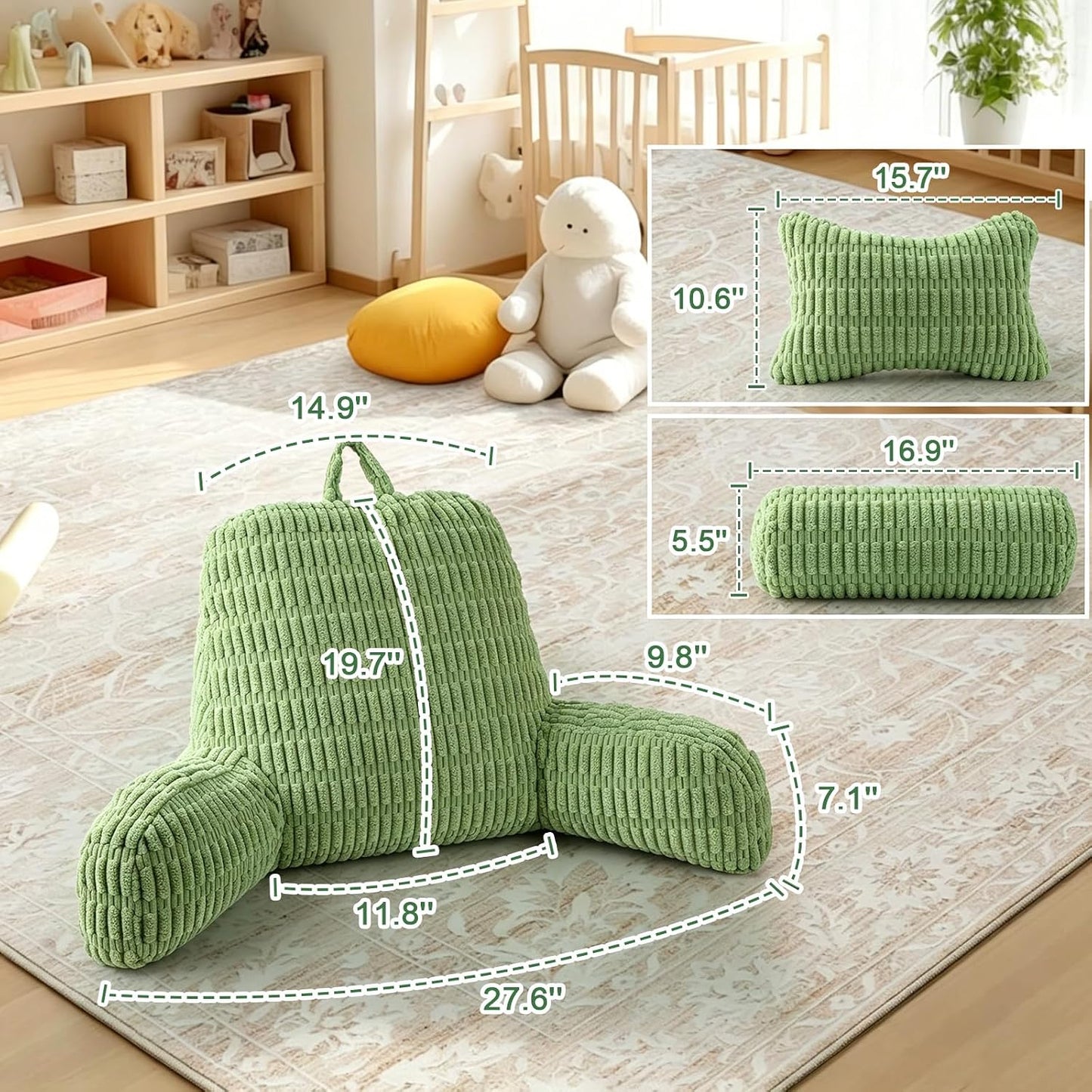 Reading Pillow for Bed, Back Rest Bed Pillow for Sitting Up(Green,Standard) | Back Support Pillows for Bed Sitting Up with a Cylindrical Pillow and Lumbar Pillow, Sitting Pillow for Bed Chair Pillow,18in