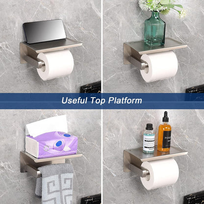 NearMoon Toilet Paper Holder with Shelf, Heavy Duty Bath Toilet Roll Holder with Phone Shelf Tissue Hanger for Bathroom/Kitchen No Drill or Wall Mounted(304 Stainless Steel, Brushed Gold)