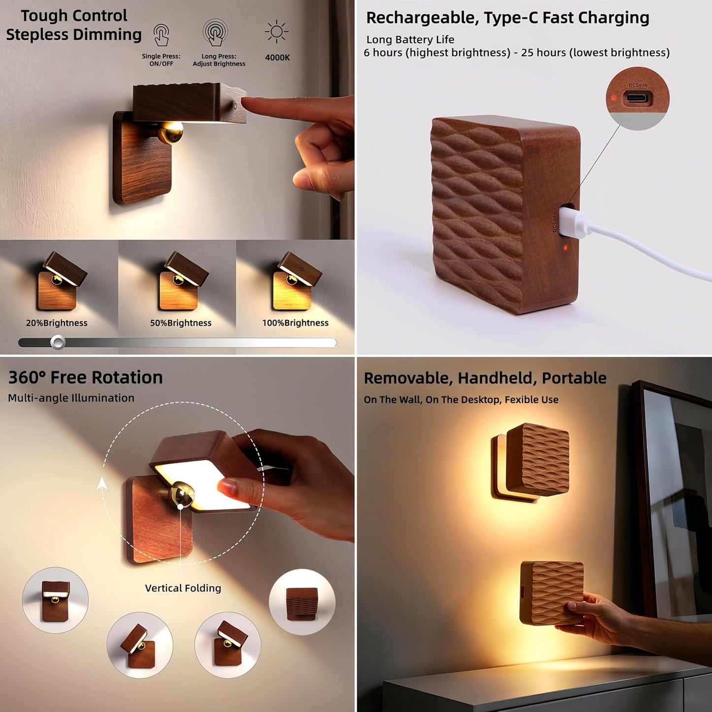 Rechargeable Wall Sconce Battery Operated LED Wall Light for Bedroom,Motion Sensor Night Light Indoor for Reading Light,Dimmable Touch Cordless Lamp,Removable Rotatable Magnetic Wall Lamp