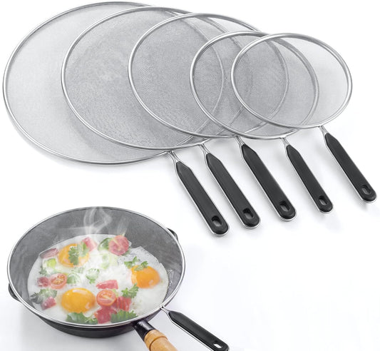 Gisafai 5 Pcs Splatter Guard Set for Frying Pan 13'' 11.5'' 10'' 8.3'' 7.5'' Metal Grease Oil Splatter Screen Fine Mesh Cover Stove Oil Guard with Comfort Grip Handle for Most Pan Pot Safe Cooking