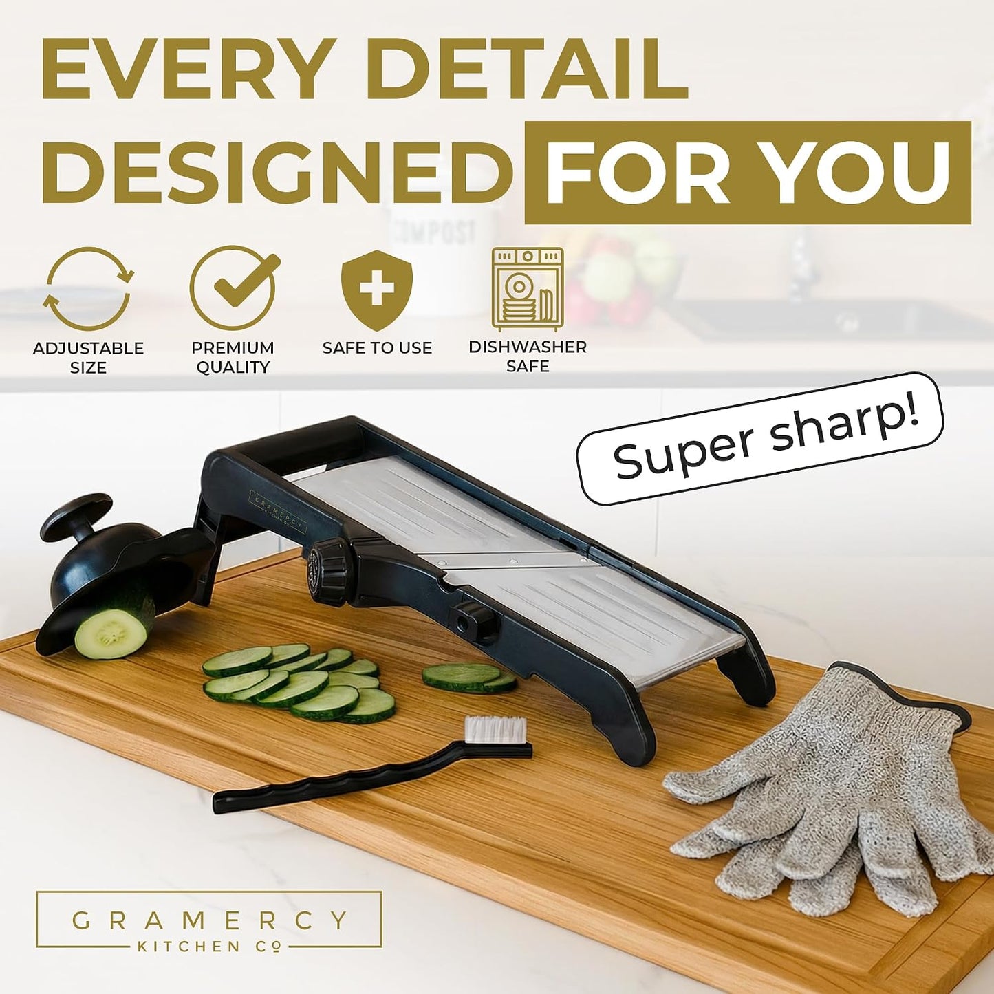 Gramercy Handheld Mandoline Slicer for Kitchen - Stainless Steel Veggie & Fruit Slicer with 4 Blades - Slicer, Julienne & Grater, Cut Resistant Safety Glove & Cleaning Brush Included, Dishwasher Safe