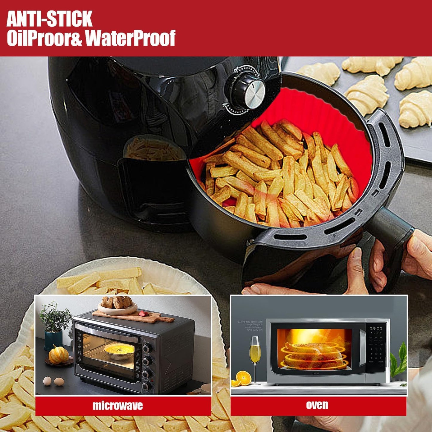 2 Pack Air Fryer Liners,8 Inch Silicone Airfryer Liners,Air Fryer Accessories,Reusable Baking Tray Oven Accessories,Replacement of Flammable Parchment Paper (Red Blue) (Black&Red&Blue)