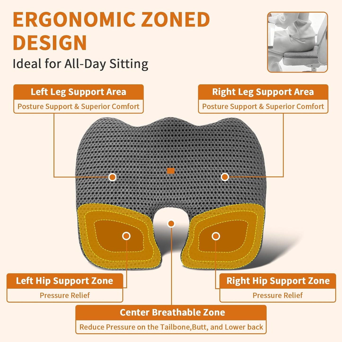 Gooo&Ma Air Fiber Seat Cushion, U-Shape Tailbone Comfort, Black | Thin design for office/car, breathable air fiber cooling, ergonomic, washable, non-slip, portable, 17.7"x13.8"x1.6"