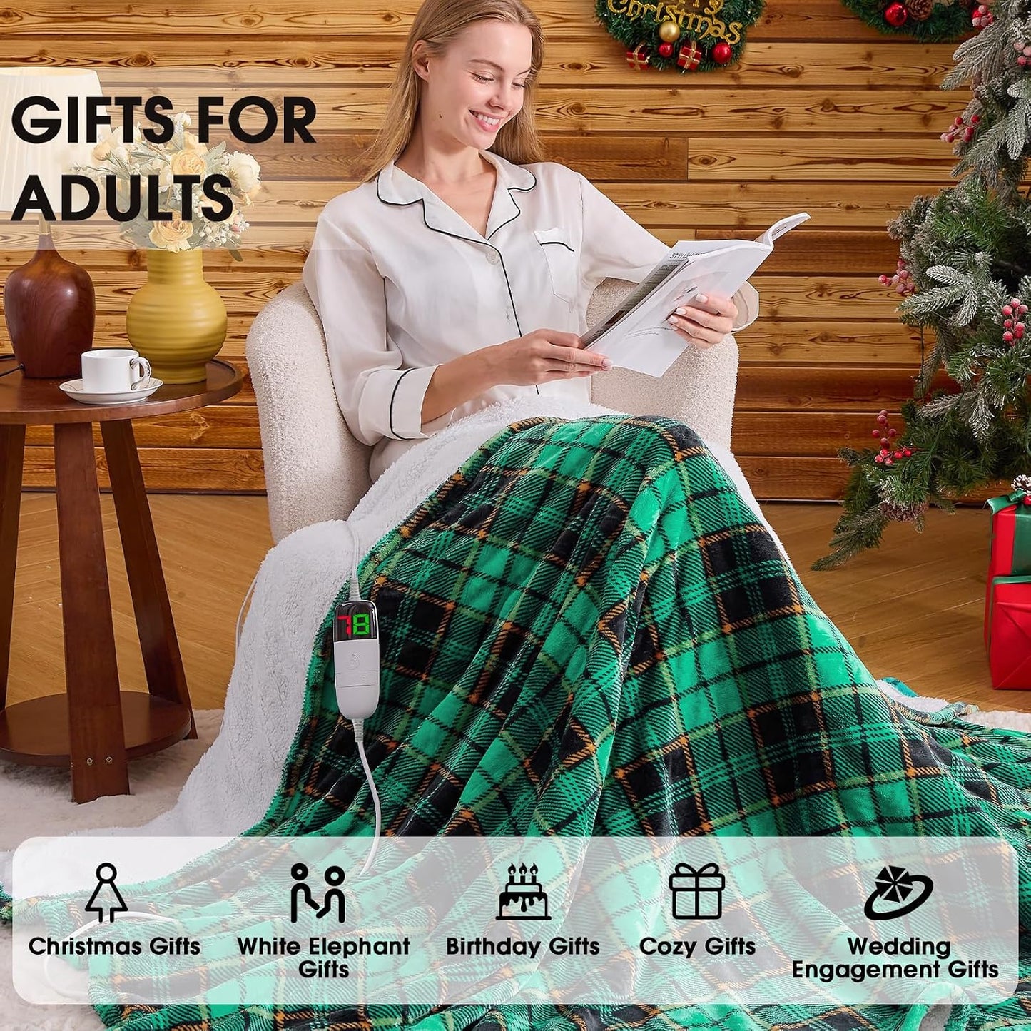 Heated Blanket Electric Throw 50X60 Heating Blanket with 10 Heating Levels 8 Hours Auto Off, Blue Plaid Sherpa Blankets Winter Warmer, Home Decor for Couch Bed Office,Gifts for Mom, Women,Washable