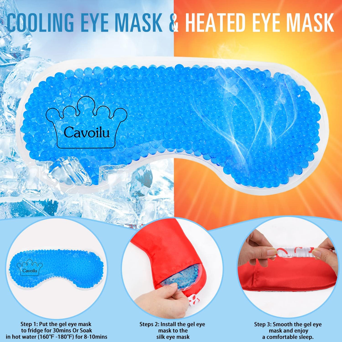 Silk Sleep Mask with Cooling Gel Eye Mask, Warm and Cold Compress, Heated Eye Mask for Tired Eyes, Stain Eye Cover Sleeping Mask for Travel, Home, Office, Yoga, Total Blackout (Black)