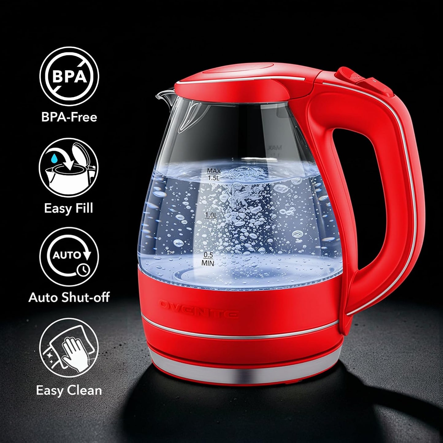 OVENTE 1.5L Glass Electric Kettle Water Boiler, Black KG83B | 1100W Fast Boiling, Borosilicate Glass, BPA-Free, Blue LED, Auto Shut-Off, Boil-Dry Protection, Removable Filter, 360° Base