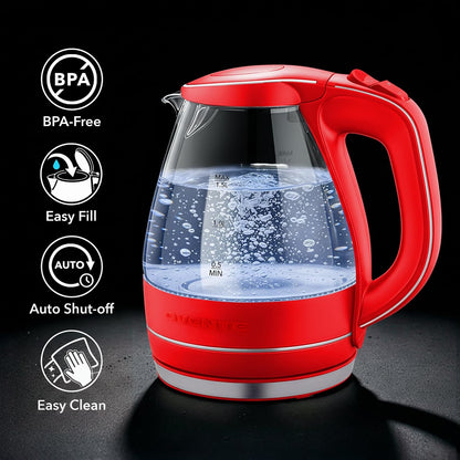OVENTE 1.5L Glass Electric Kettle Water Boiler, Black KG83B | 1100W Fast Boiling, Borosilicate Glass, BPA-Free, Blue LED, Auto Shut-Off, Boil-Dry Protection, Removable Filter, 360° Base