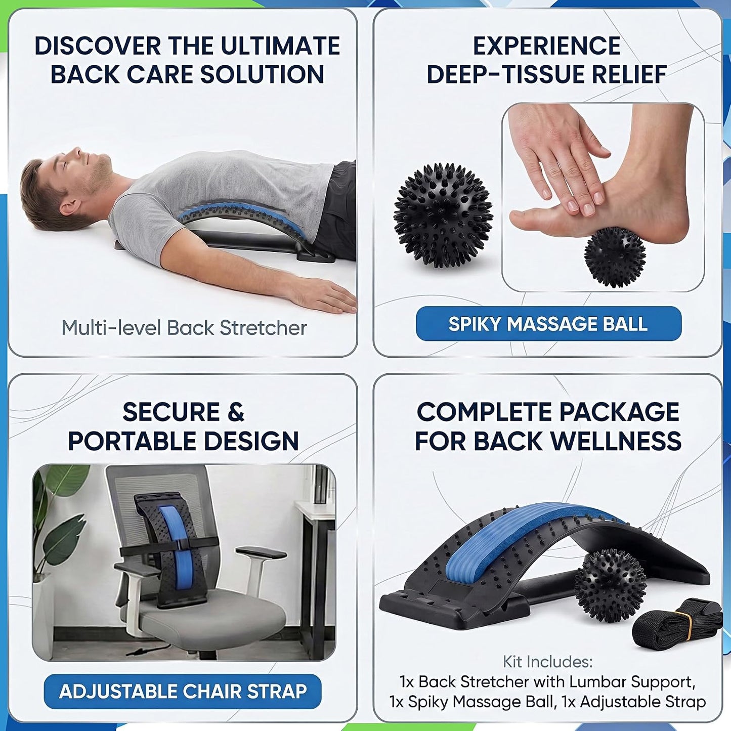 Back Stretcher for Lower Back Pain Relief with Massage Ball & Support Belt, Multi-Level Adjustable Arch Lumbar Back Cracker Board, Spine Decompression & Posture Support Back Massager