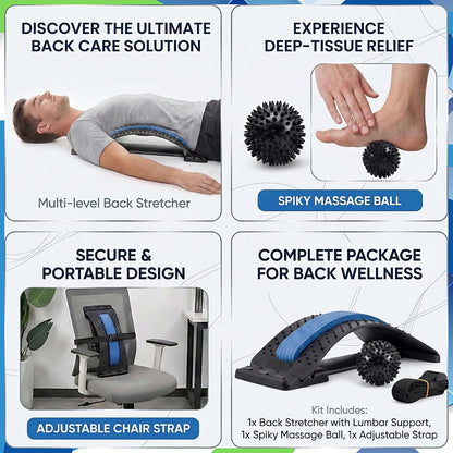 Back Stretcher for Lower Back Pain Relief with Massage Ball & Support Belt, Multi-Level Adjustable Arch Lumbar Back Cracker Board, Spine Decompression & Posture Support Back Massager