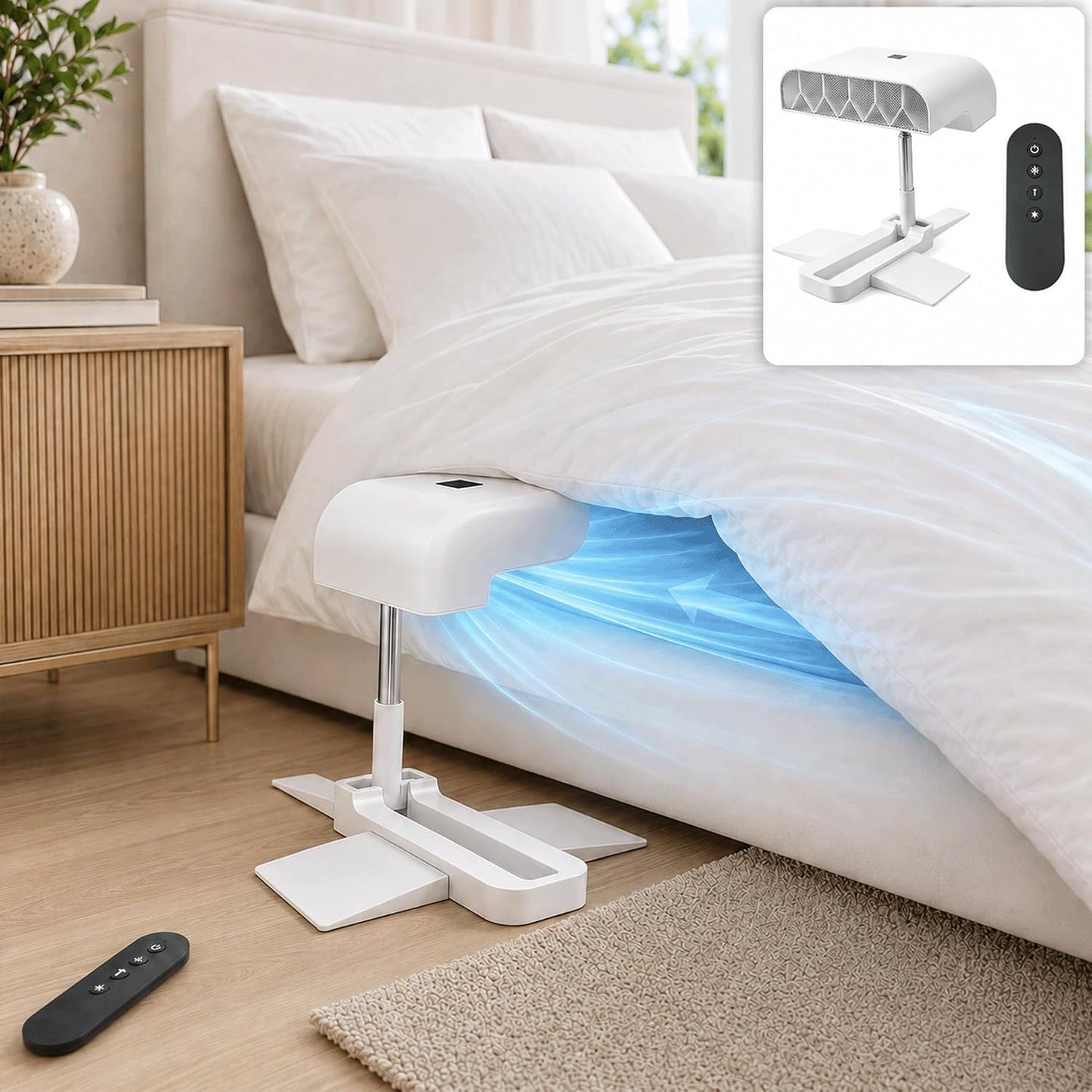Bed Cooling Fan Under Sheets, Rechargeable Cordless Bed Fan for Hot Sleepers, Under Blanket Airflow Cooling System with Remote, 5 Quiet Speeds, Adjustable Height, USB-C Charging (1PC)