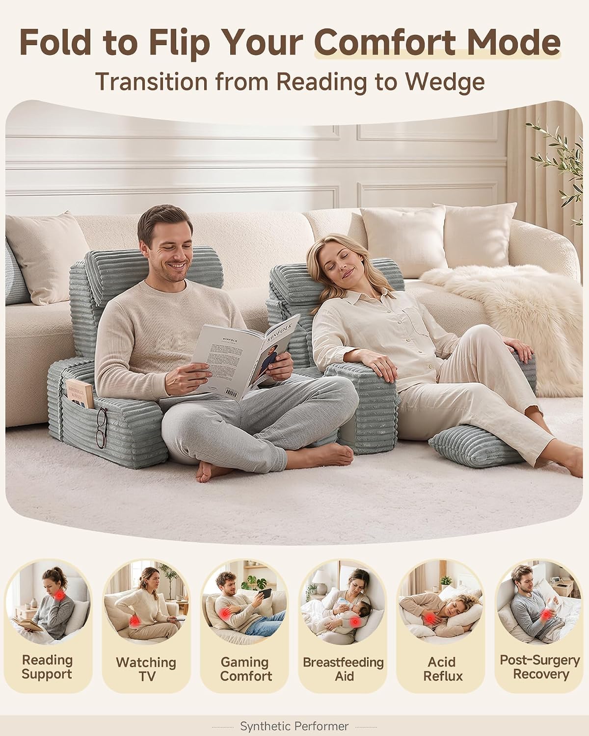 Foldable 5PCS Reading Pillow for Bed, Grey, 19” | 2 in 1 Bed Pillow for Sitting Up, Back Pillow with Arms, Wedge Pillow for Watching TV, Reading, Gaming, Post Surgery, Nursing