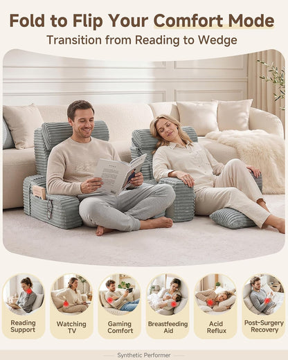 Foldable 5PCS Reading Pillow for Bed, Grey, 19” | 2 in 1 Bed Pillow for Sitting Up, Back Pillow with Arms, Wedge Pillow for Watching TV, Reading, Gaming, Post Surgery, Nursing