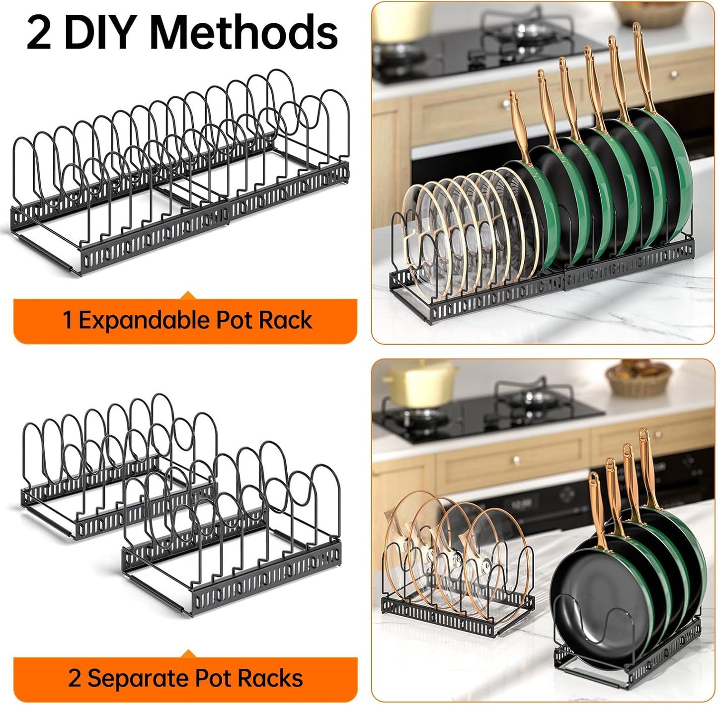 MUDEELA Expandable Pot Pan Lid Organizers inside Cabinet, 10 Divider-Black | Expandable 11.8–22.9", 10 Adjustable Divider, Tool-Free Assembly, Non-Slip, Scratch-Proof, For Pan Lid Cutting Board Bakeware