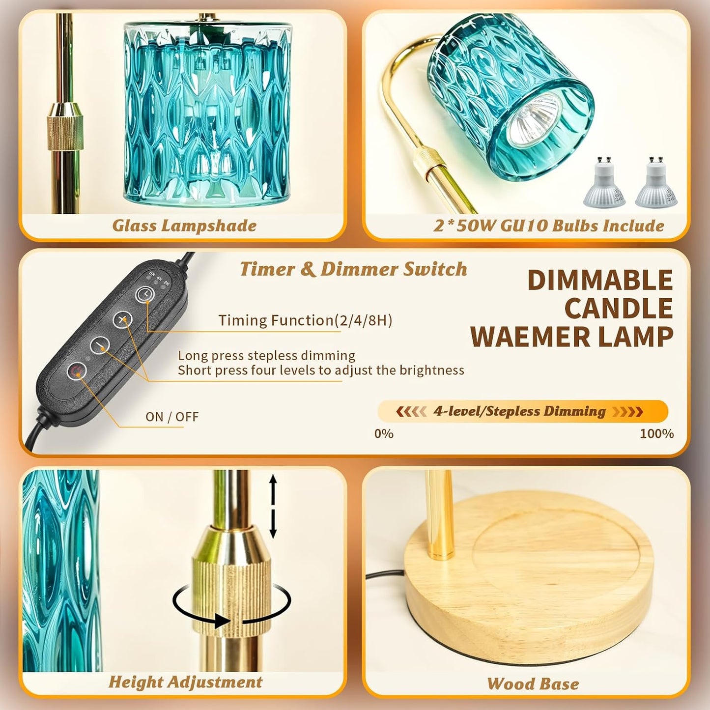 HAIDOLIANG Blue Candle Warmer Lamp with Timer and Dimmer | Height and Brightness Adjustable,Glass Electric Wax Warmer with 2 Bulbs for Women Gifts, Home Decor for Scented Jar Candles