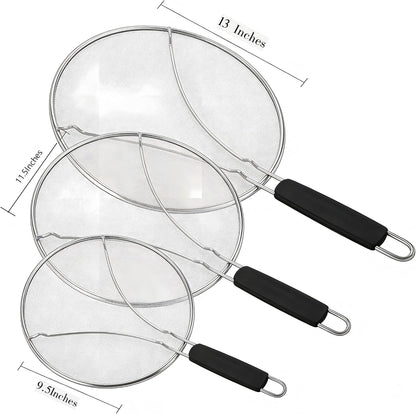 Stainless Steel Splatter Guard Fine Mesh For Pots Frying Pans(15in) | Rust-proof metal mesh blocks oil splashes while venting steam, heat-insulated grip, dishwasher safe, hangable flat storage