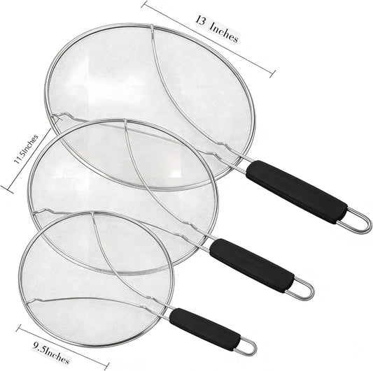 Stainless Steel Splatter Guard Fine Mesh For Pots Frying Pans(15in) | Rust-proof metal mesh blocks oil splashes while venting steam, heat-insulated grip, dishwasher safe, hangable flat storage
