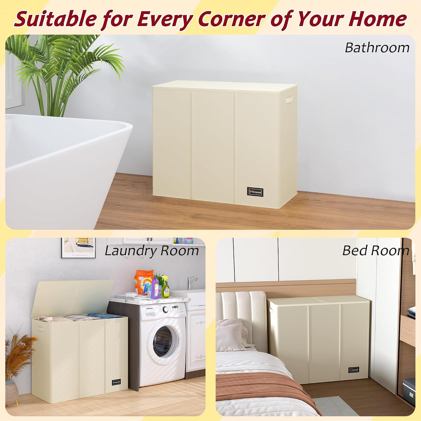 195L Laundry Hamper 3 Section,Large Laundry Hamper with Lid,Dirty Clothes Hamper with 3 Inner Bags,Collapsible Laundry Basket Organizer for Laundry Room,Bedroom,Laundry Sorter Hamper 3 Compartment