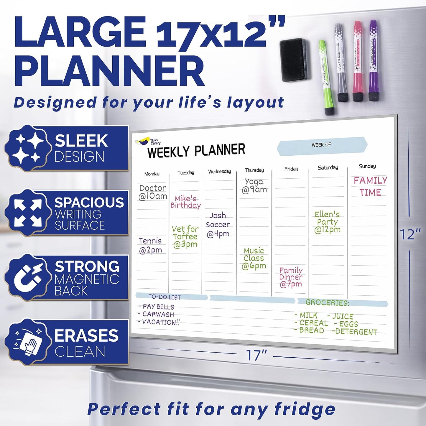 Large Magnetic Weekly Planner for Fridge, Dry Erase Whiteboard | 17x12" Stain-Resistant Surface, Strong Full-Back Magnet, 7-Day Weekly Planner for Meals & Chores, 4 Markers & Eraser