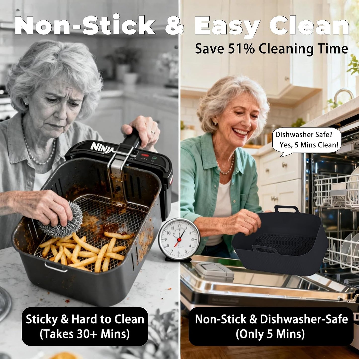 Silicone Air Fryer Liners for Ninja - Reusable DZ201 8QT Dual Basket - Rectangular 2-Pack Vacuum-Packed Easy-Clean Dishwasher-Safe Food-Safe for Home Chefs - Housewarming Gifts