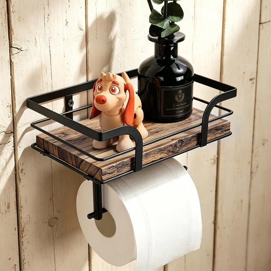 Rustic Toilet Paper Holder with Shelf, Wall Mounted | Farmhouse design, reversible left/right holder, adhesive & screw installation, raised guard shelf