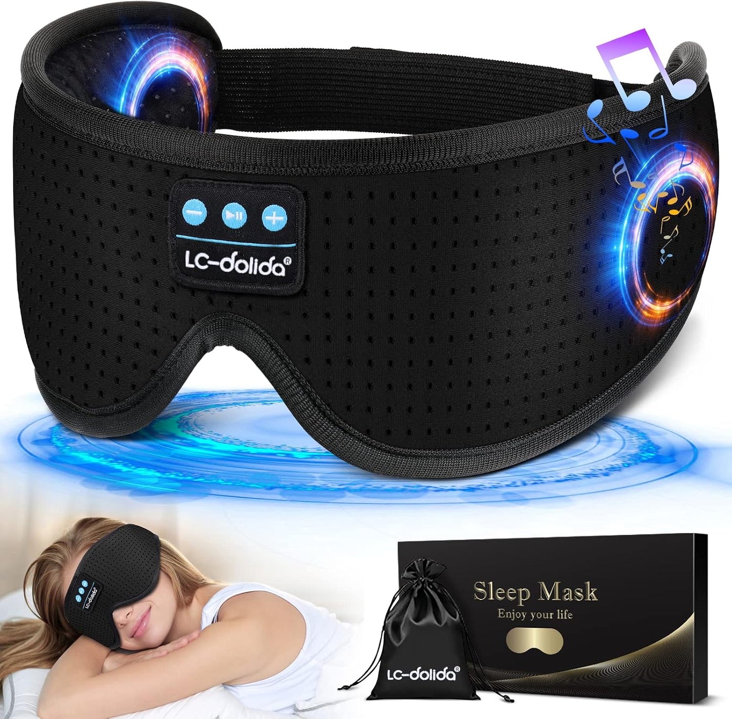 LC-dolida Sleep Headphones, White Noise Bluetooth Sleep Mask 3D Breathable Wireless Eye Mask for Timing, Sleep Mask with Bluetooth Headphones for Side Sleepers Travel Yoga, Cool Gadgets for Women Men