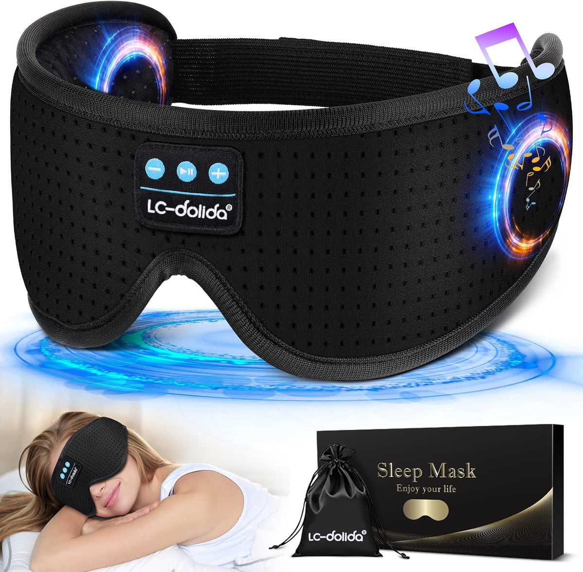 LC-dolida Sleep Headphones, White Noise Bluetooth Sleep Mask 3D Breathable Wireless Eye Mask for Timing, Sleep Mask with Bluetooth Headphones for Side Sleepers Travel Yoga, Cool Gadgets for Women Men
