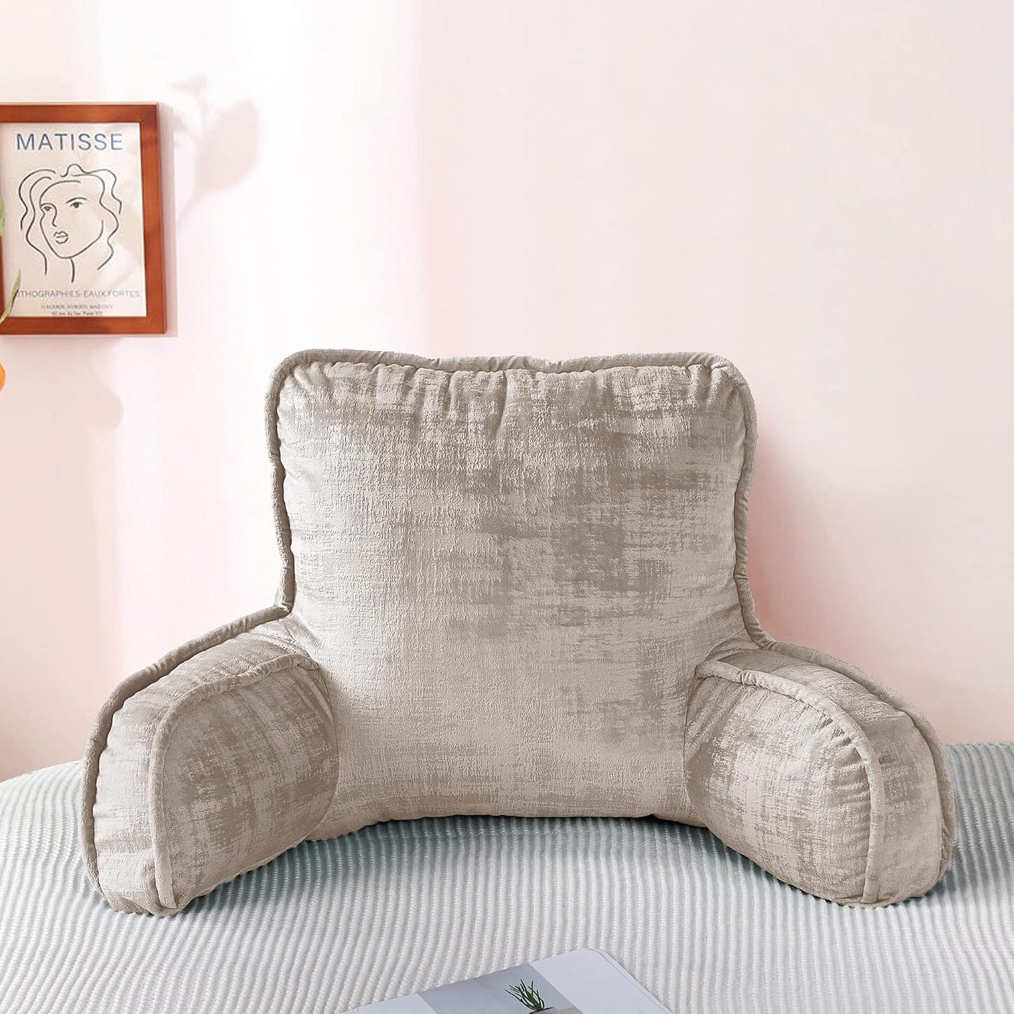 DIY Assembly Art Velvet Backrest Reading Bed Rest Pillow with Arms & Pockets, 18" H for Sitting in Bed Couch Sofa, Back Support Cushion with Removable Cover, 20"x18"x17", Aqua