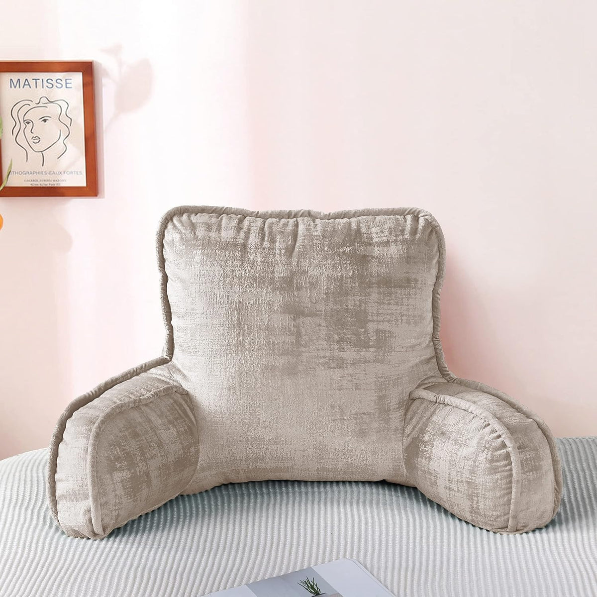 DIY Assembly Art Velvet Backrest Reading Bed Rest Pillow with Arms & Pockets, 18" H for Sitting in Bed Couch Sofa, Back Support Cushion with Removable Cover, 20"x18"x17", Aqua