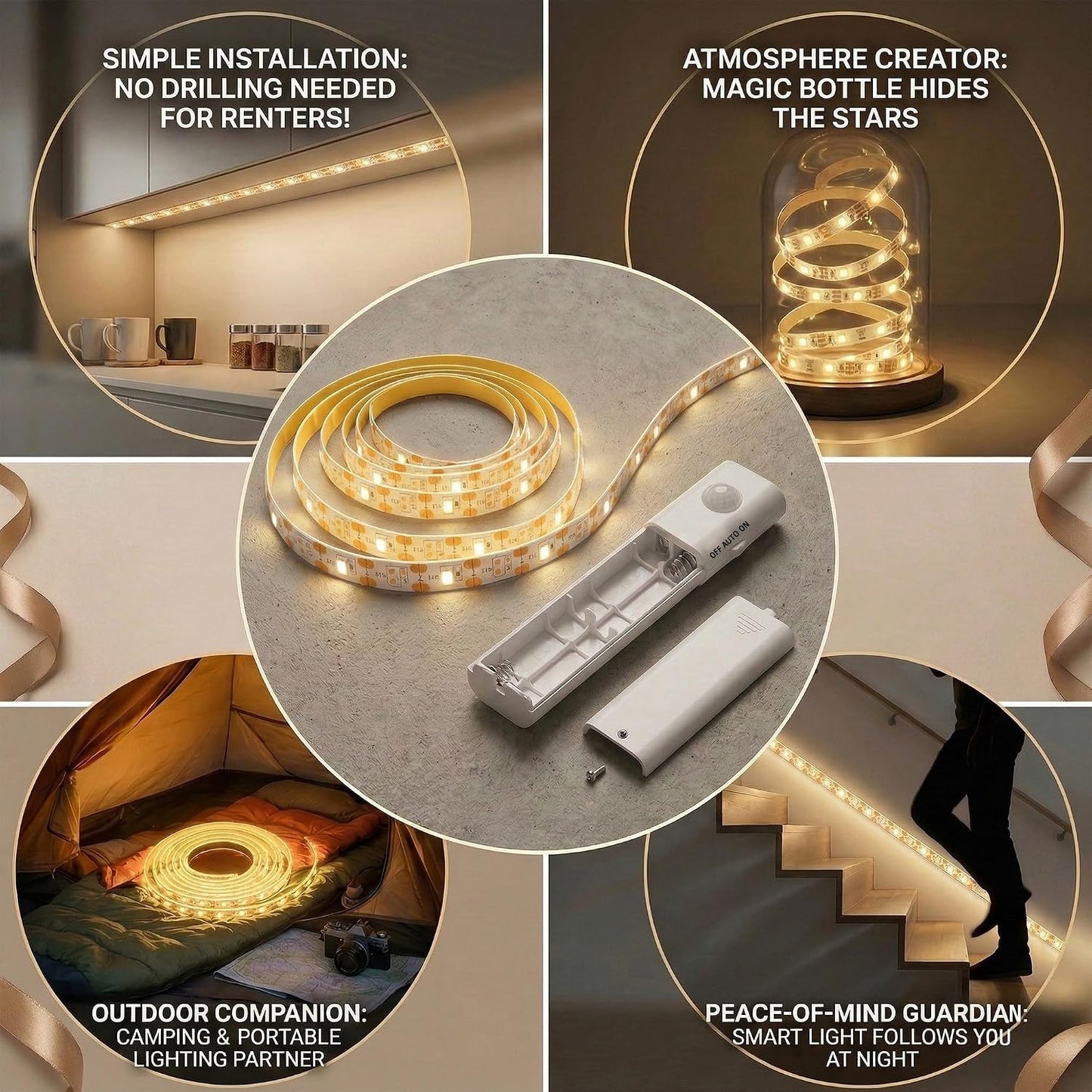 6.5ft Motion Sensor LED Light Strip Battery Powered, Tool-Less Under Cabinet Lighting with Hook and Loop Battery Box, 3 Modes (Always-On/Motion/Off), Warm White 3000K for Gun Safe, Closet, Underbed