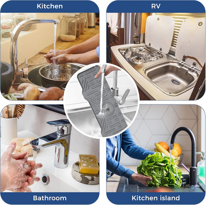 BFONS Silicone Faucet Handle Drip Catcher Drying Tray Mat Dish Soap Sponge Holder Accessories Gadgets for Kitchen Counter Bathroom Kitchen Sink Splash Guard -Grey