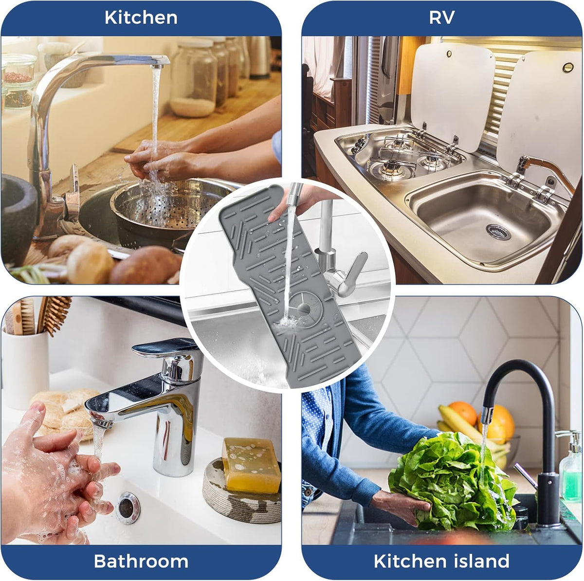 BFONS Silicone Faucet Handle Drip Catcher Drying Tray Mat Dish Soap Sponge Holder Accessories Gadgets for Kitchen Counter Bathroom Kitchen Sink Splash Guard -Grey