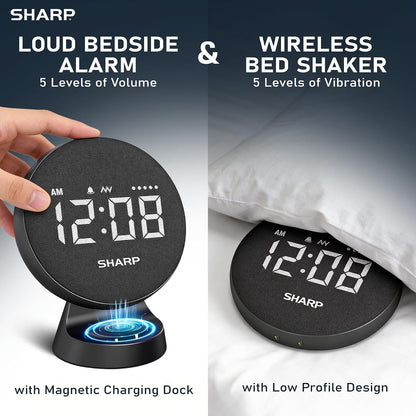 Sharp Vibrating Alarm Clock for Heavy Sleepers with Loud Bed Shaker