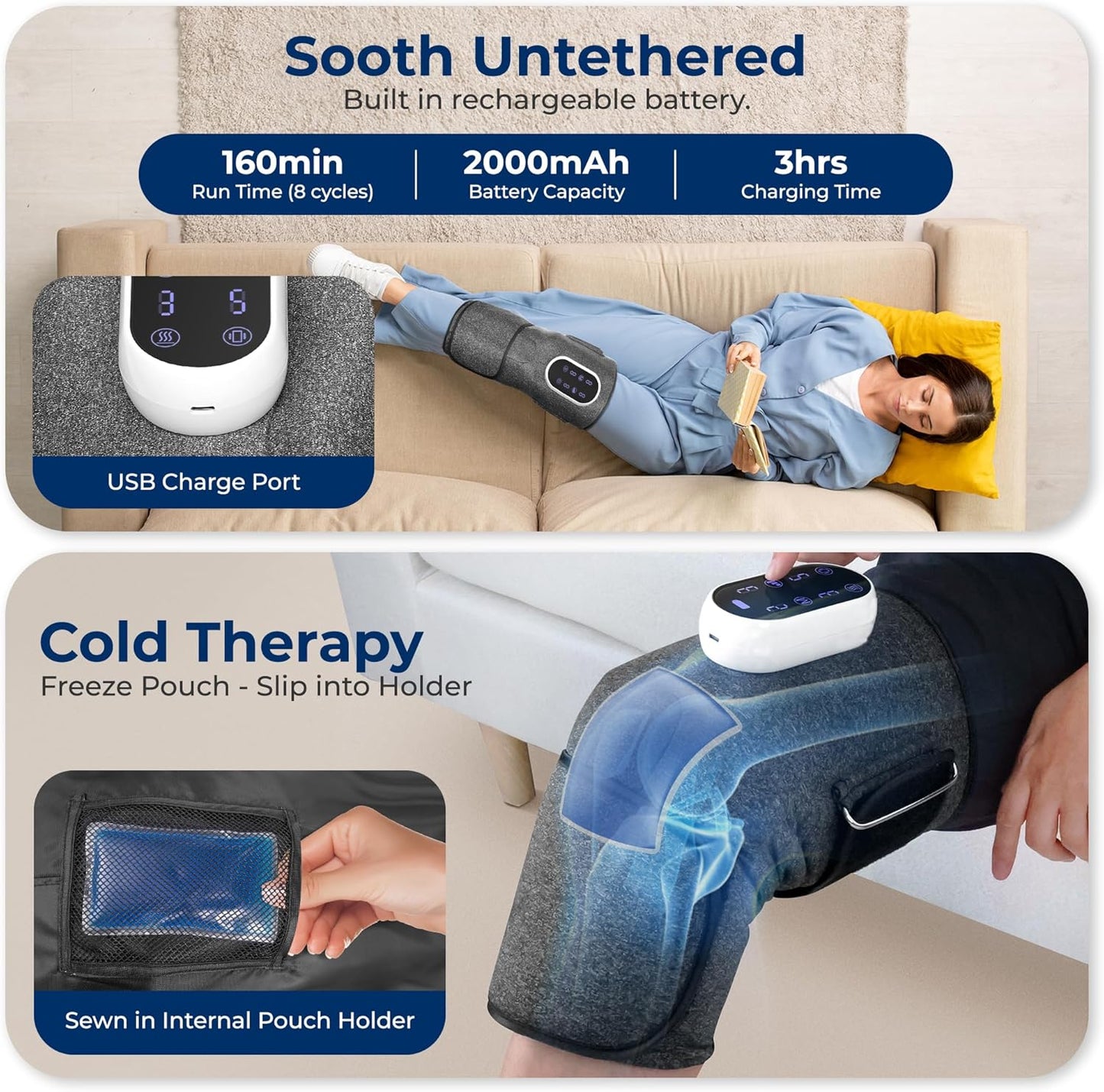 SereneLife 3-in-1 Air Compression Knee Massager with Heat and Vibration, Rechargeable Cordless Knee Wrap, 4 Airbags, 4 Vibration Modes, 2 Heat Settings, Smart LED Controller, Ice Pack, Carry Bag