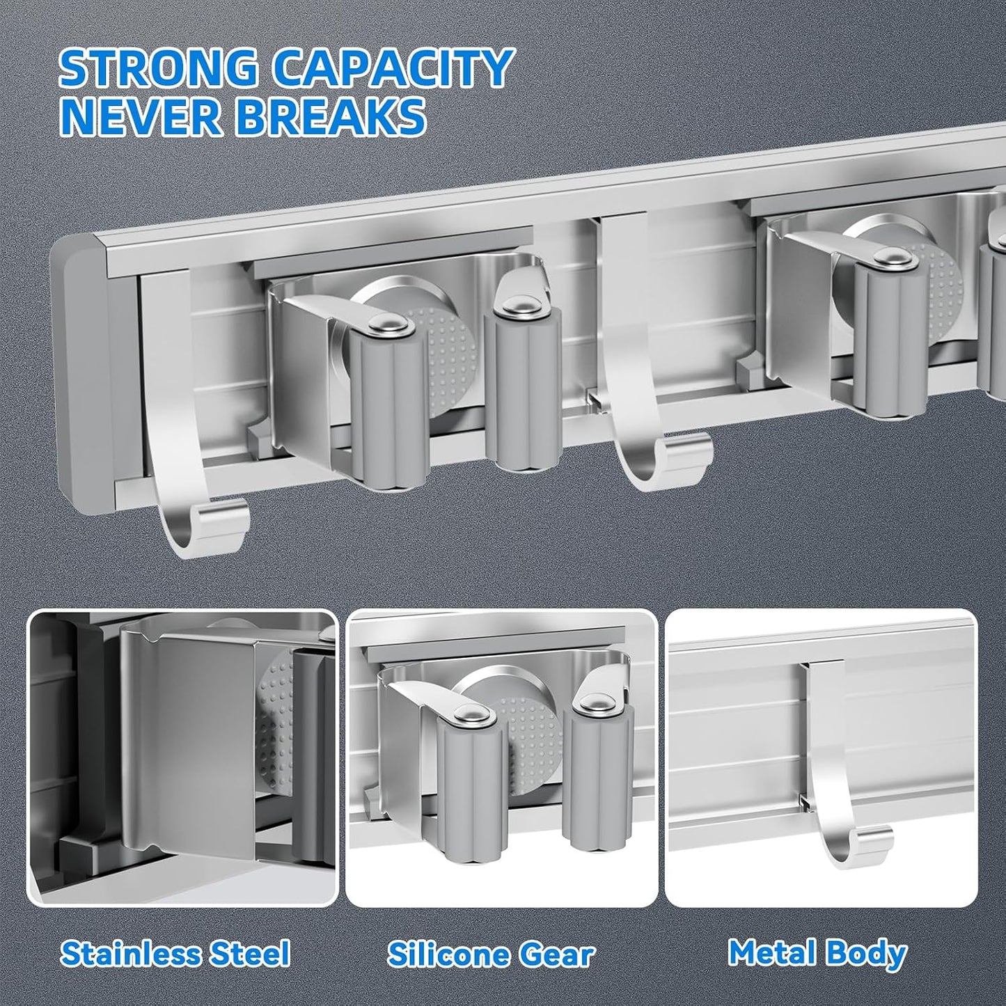 reliahom Broom Holder Wall Mount Mop Hanger Tools organizer 5Racks 4Hooks | Adjustable Mop Broom Wall Hanging Heavy duty Tools Storage Rack Space-saving for Garage,Kitchen,Laundry Room,Garden, Silver