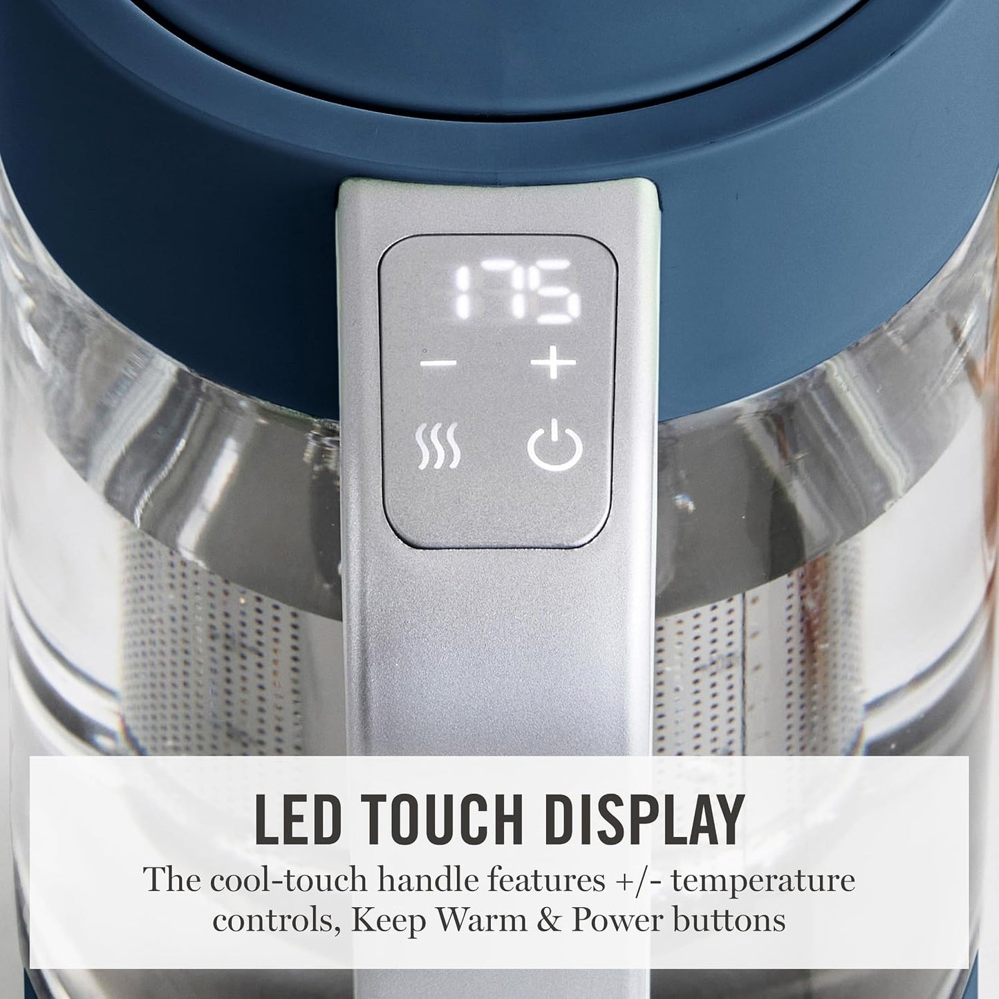 Martha Stewart 1.7L Glass Carafe Electric Kettle with Removable Tea Infuser | 7 Cups, 4 Presets, Rapid Boiling, Stainless Steel Tea Leaf Infuser, Cordless Swivel Base, Keep Warm, Auto Shut-Off, Linen