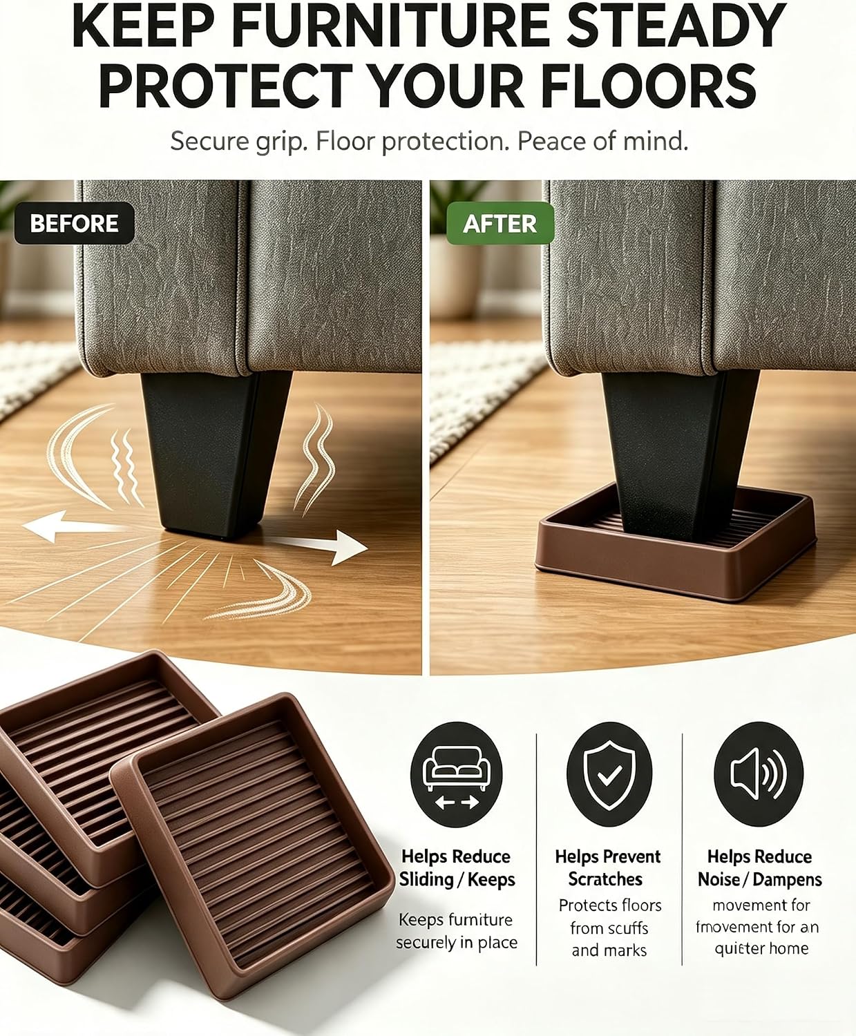 xxxHOLIC Rubber Non Slip Furniture Pads, 2" Black Round, Set of 4 | Furniture Grippers for Hardwood Floors, Anti Skid Caster Cups, Bed Frame & Couch Stoppers, Floor Protectors for Heavy Duty